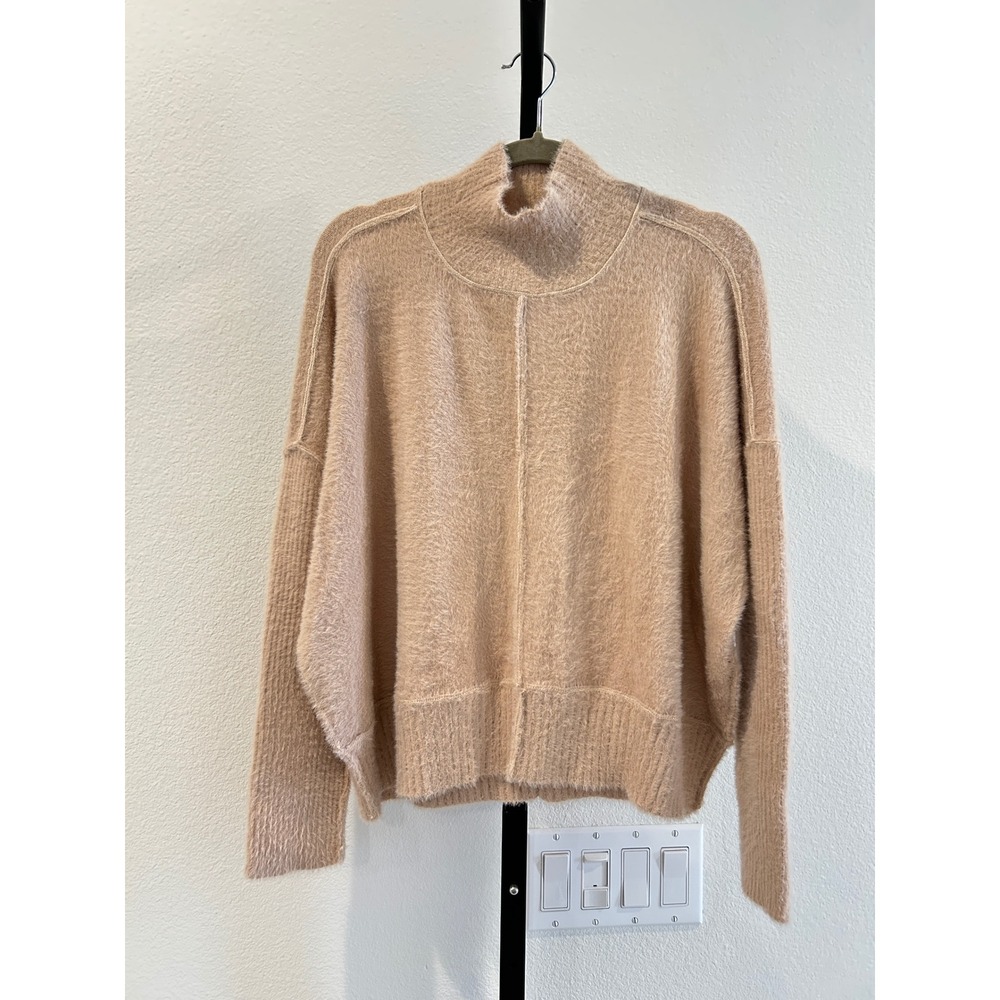NWT Natural Life Women Fuzzy Mock Neck Sweater Tan Beige Eyelash Knit, Size L